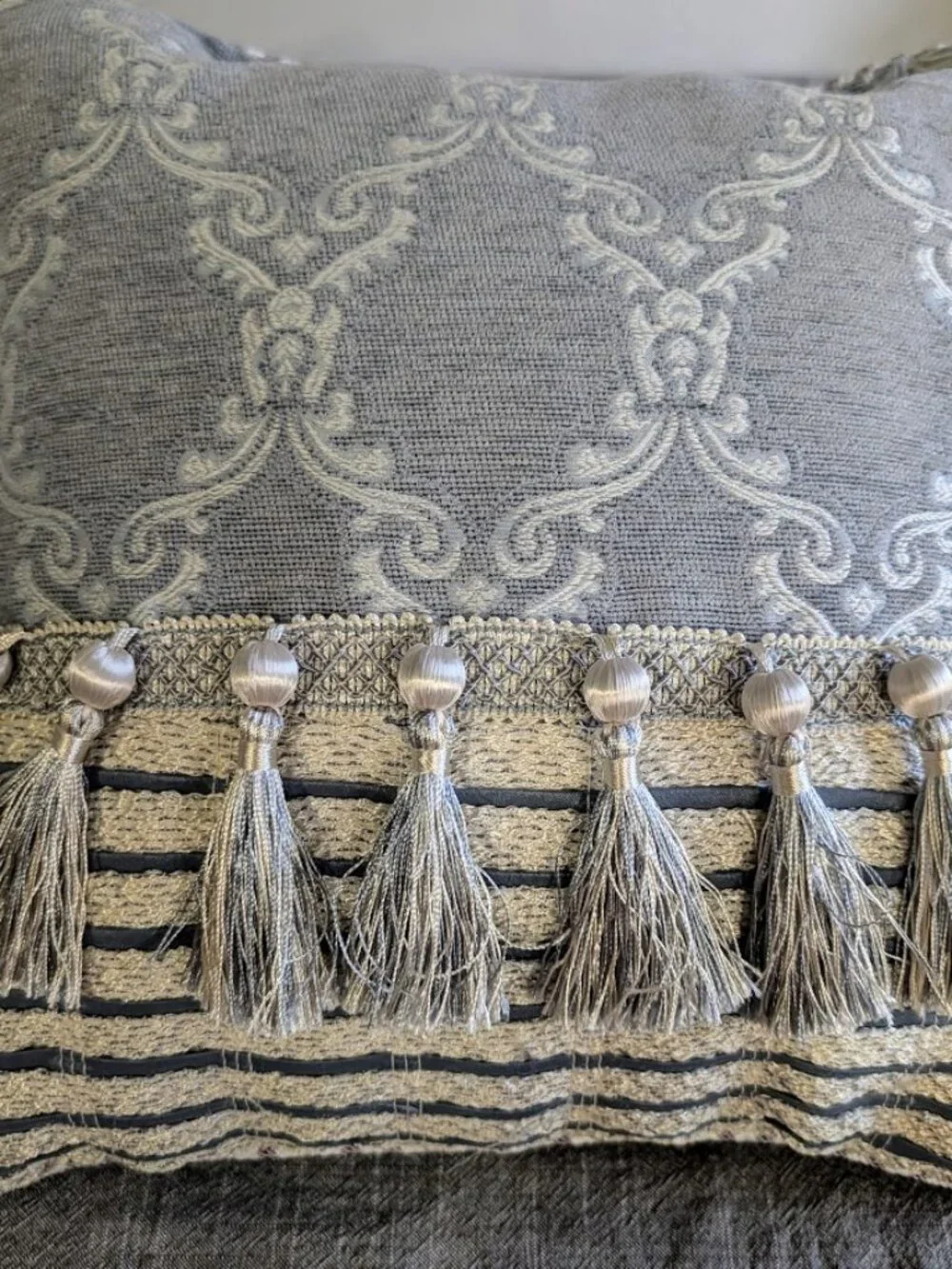 Set of TWO Croscill gray damask fringed cushion decorative pillows